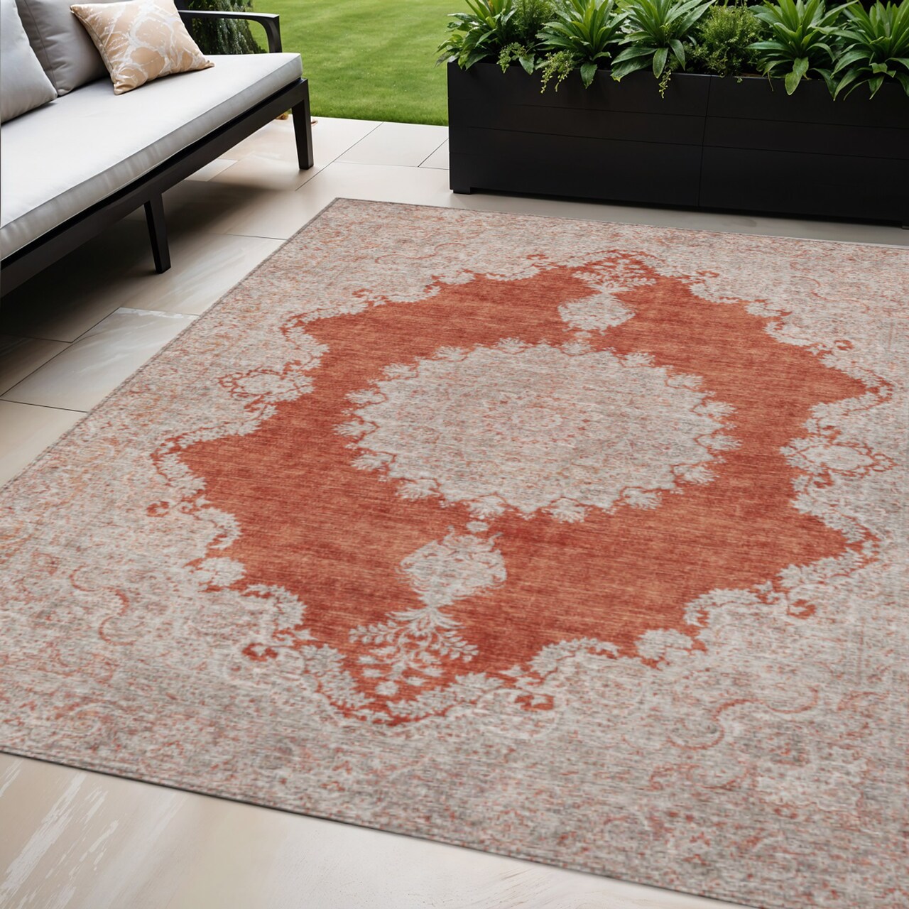 Edge Collections - 5' x 8' - Red - Ornate Washable Area Rug for Indoor and Outdoor Use - 1 Piece